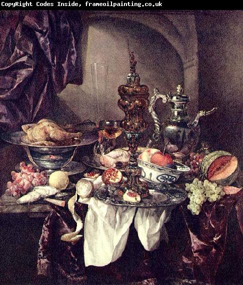 Abraham van Beijeren Still life with fruit, roast, silver- and glassware, porcelain and columbine cup on a dark tablecloth with white serviette.